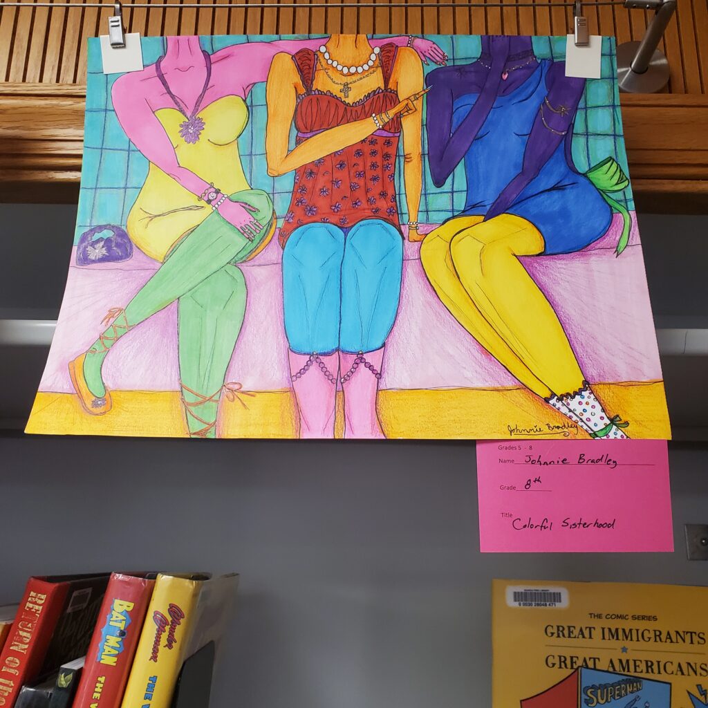 Illustration of three dramatically colored and dressed women sitting on a bench in a friendly position.