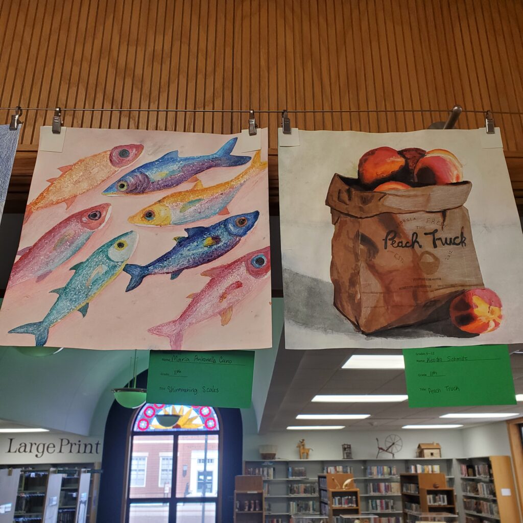 Mixed Media Images: Left a series of brightly colored fish in marker and color pencil. Right a marker and color pencil depiction of a very realistic looking market bag of peaches.