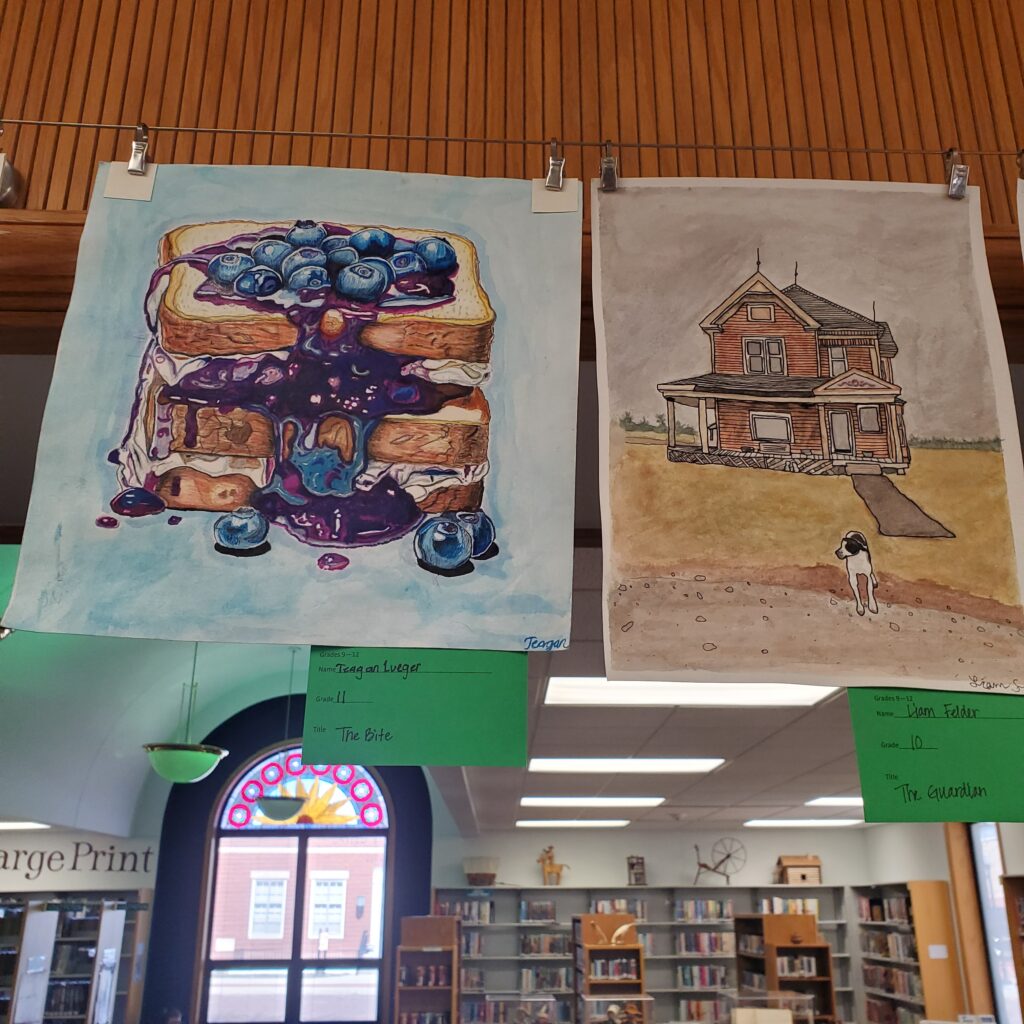 Left is illustration of blueberry preserves dripping over layers of bread. Right is illustration of a two story farm house with a dog waiting by the road.