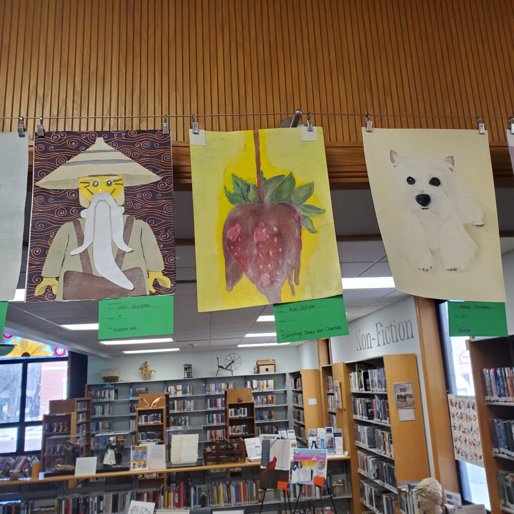 Left is multimedia image of a Ninjago character. Center is colored pencil and marker illustration of a strawberry drizzled in chocolate. Right is an illustration of a white bichon.