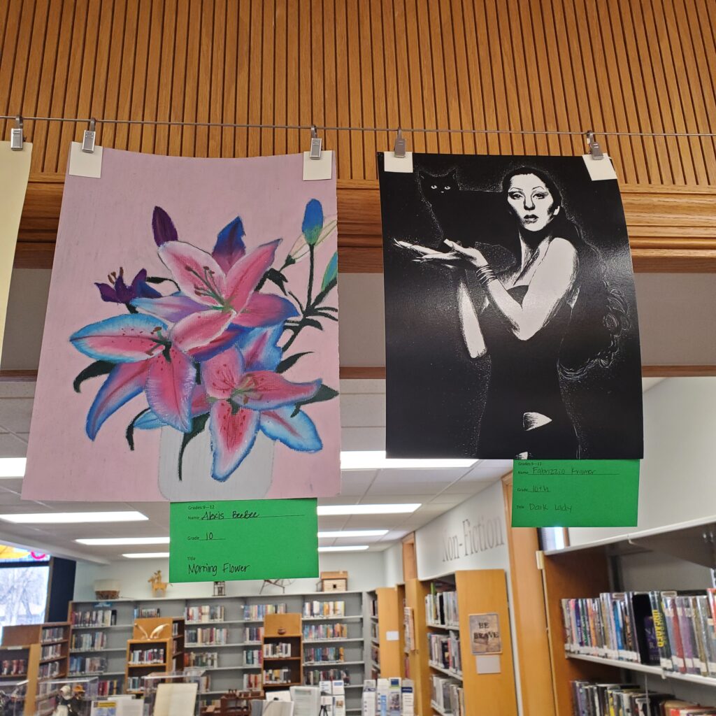 Left a trio of orchids in pencil and marker. Right a reverse scratch image of a woman holding cat.