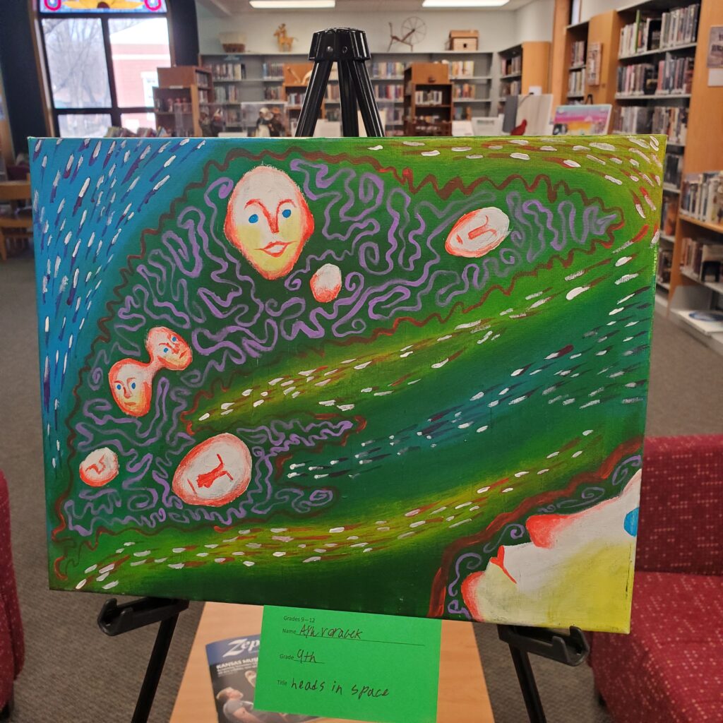 Textured abstract painting of disembodied heads in a swirling extra-dimensional space.