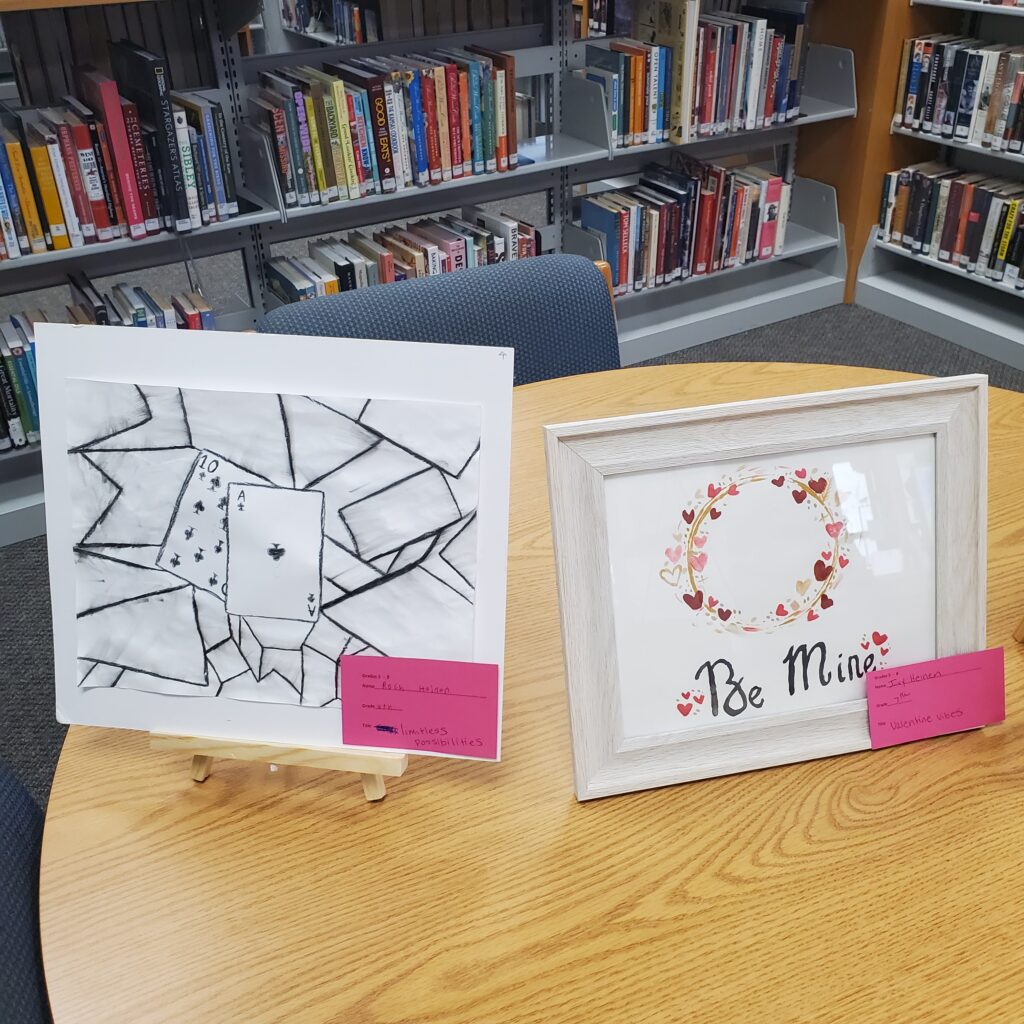 Left is pencil sketch of fractal images around and ace card and a 10 card. Right is series of heart shapes making a heart with scripted text "Be Mine" at bottom.