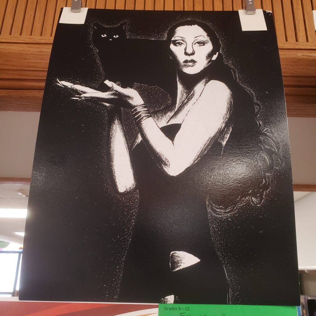 Reverse scratch image of a dramatic and well-poised woman holding a cat that stands with front paws in the woman's hands and back paws on her shoulder. Artist: Fabrizzio Kramer. "Dark Lady."