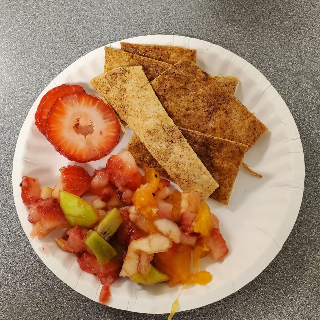 Strawberry salsa and cinnamon crisps.