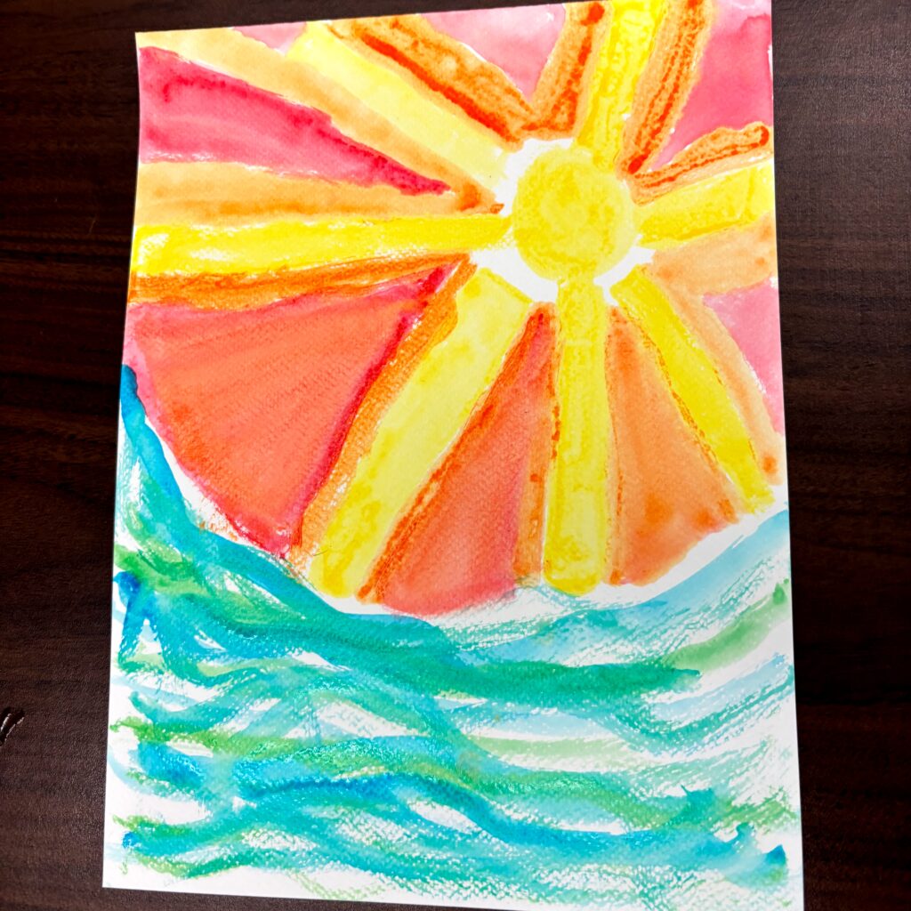 Water color painting sun over waves.