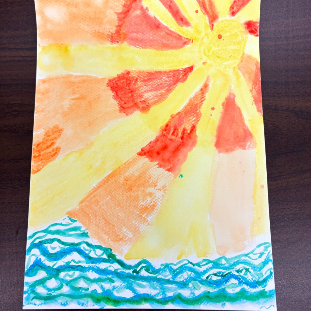Water color painting sun over waves.