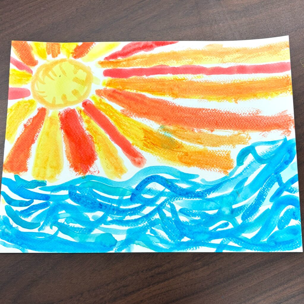 Water color painting sun over waves.