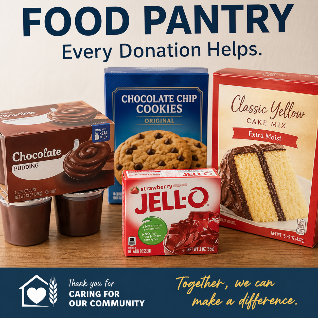 AI generated image of Food Pantry donations featuring pudding, gelatin, cookies, and cake mix.