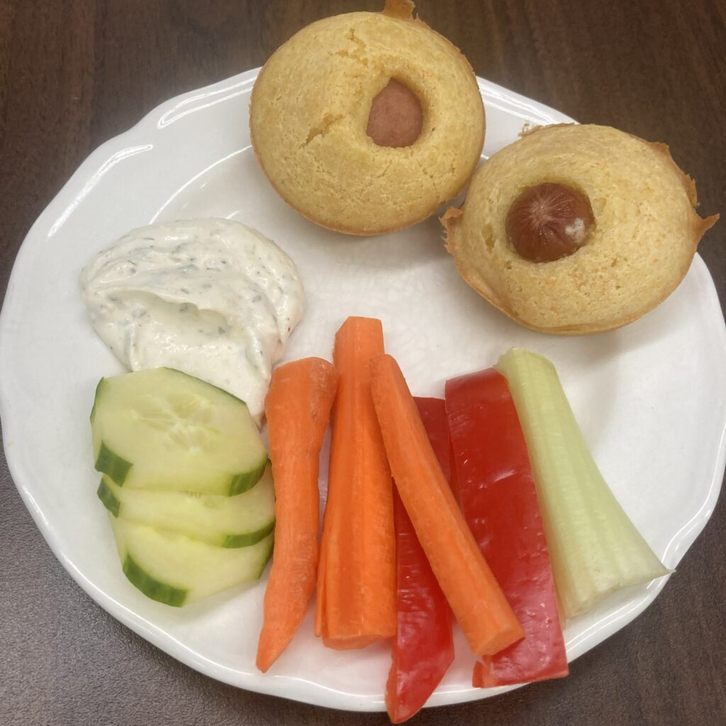 Corn muffin dogs and veggie sticks with homemade ranch.
